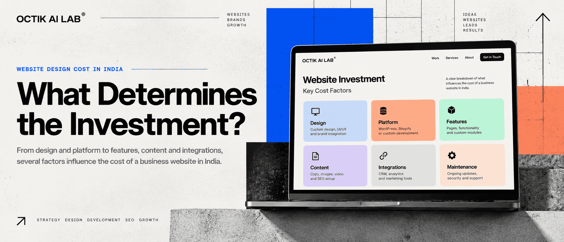 Key cost factors in a business website: design, platform, features, content, integrations and maintenance
